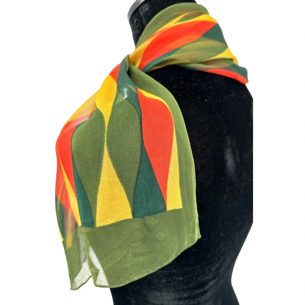 Sally Gee Rectangular Olive Green‎ Retro Geometric Rolled Hem Scarf Japan